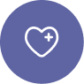 A white heart with a medical cross inside on a purple circular background.