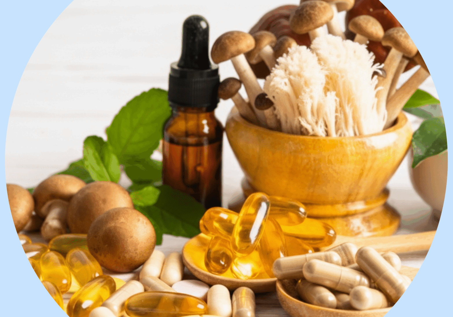Assorted medicinal mushrooms and supplements with a dropper bottle.