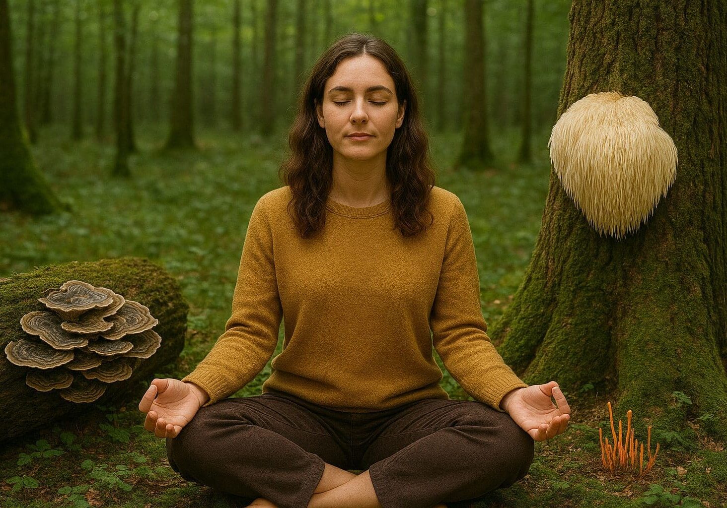 A woman meditates peacefully in a green forest, sitting cross-legged.